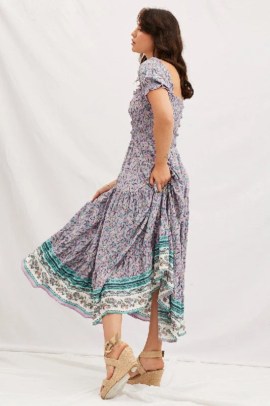 Boho Print Square Neck Puff Sleeve Maxi Dress