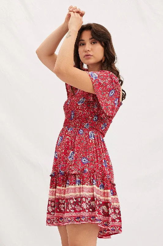 Boho Print Square Neck Short Sleeve Skater Dress