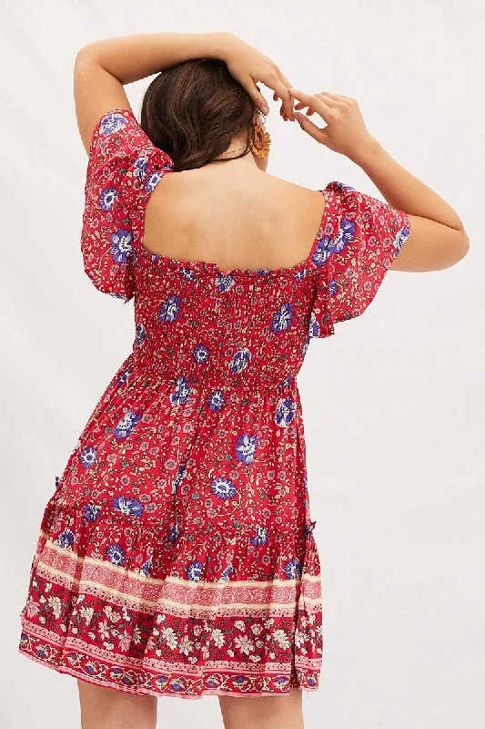 Boho Print Square Neck Short Sleeve Skater Dress