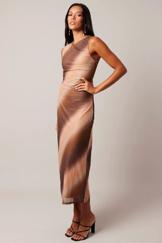 Brown Abstract Bodycon Dress Round Neck Sleeveless Mesh