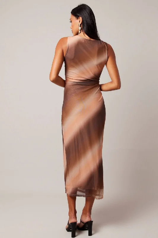 Brown Abstract Bodycon Dress Round Neck Sleeveless Mesh