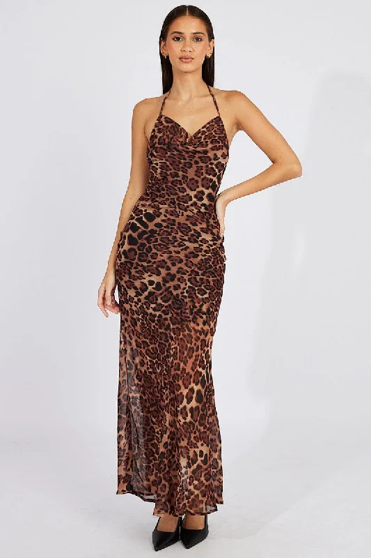 Brown Animal Print Leopard Maxi Halter Neck Mermaid Maxi Dress