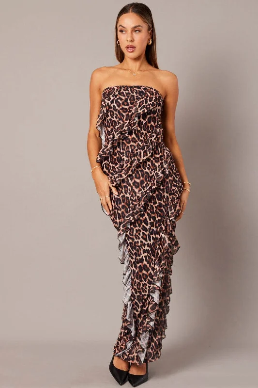 Brown Animal Print Ruffle Maxi Dress Strapless Bandeau Frilly Dress