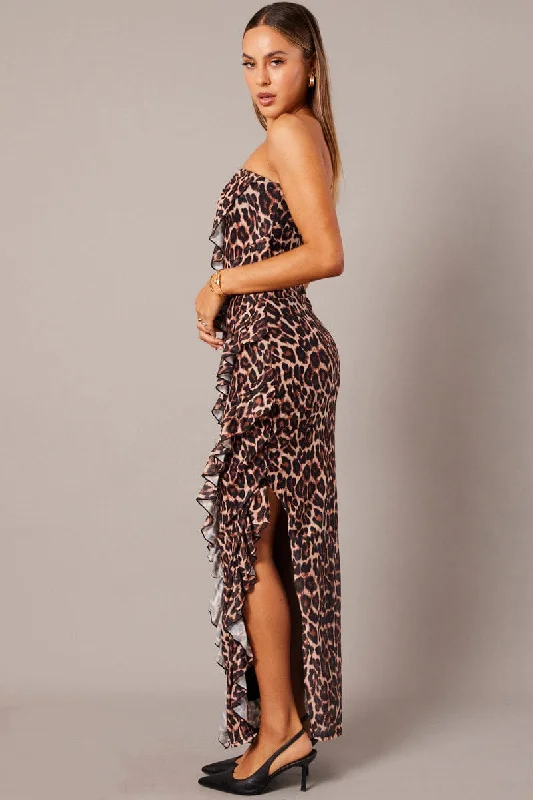 Brown Animal Print Ruffle Maxi Dress Strapless Bandeau Frilly Dress