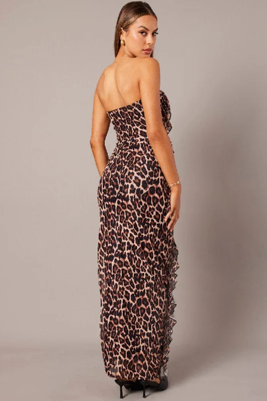 Brown Animal Print Ruffle Maxi Dress Strapless Bandeau Frilly Dress