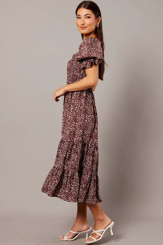 Brown Ditsy Maxi Dress Puff Sleeve