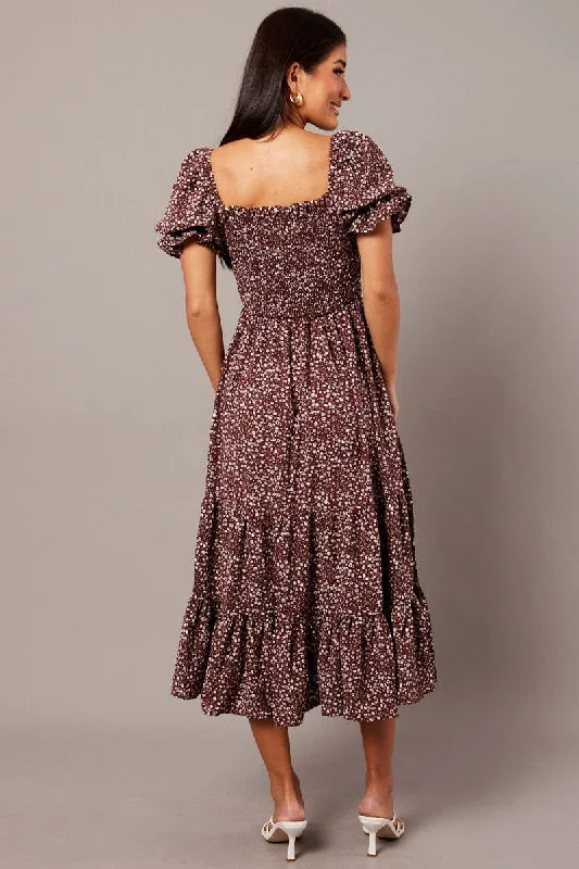 Brown Ditsy Maxi Dress Puff Sleeve