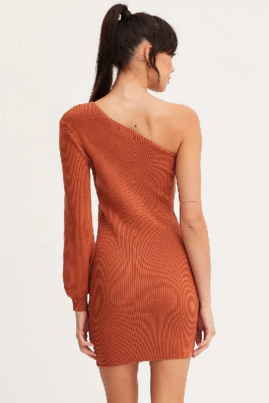 Brown Dress One Shoulder Mini Knit