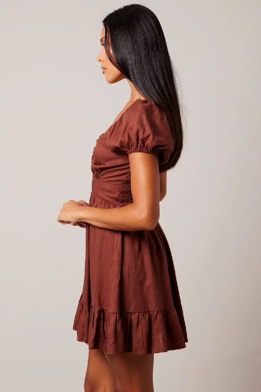 Brown Fit And Flare Dress Puff Sleeve