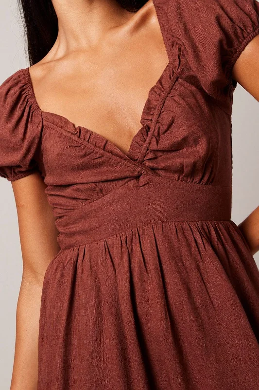 Brown Fit And Flare Dress Puff Sleeve