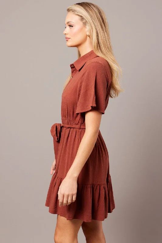 Brown Fit And Flare Dress Wing Sleeve