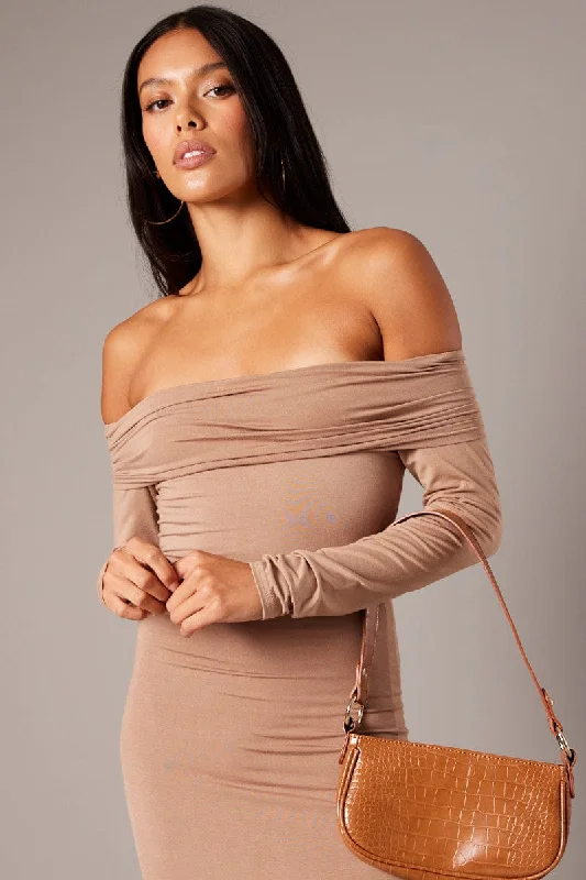 Brown Off Shoulder Dress Long Sleeve Maxi