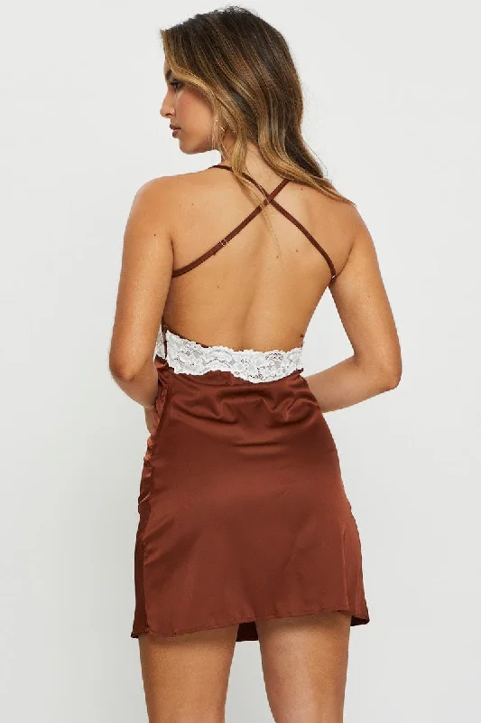 Brown Slip Dress Mini Satin