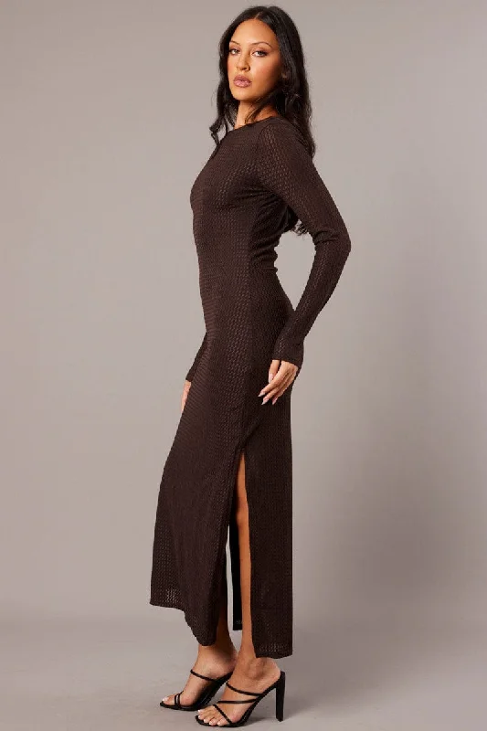 Brown Textured Dress Long Sleeve