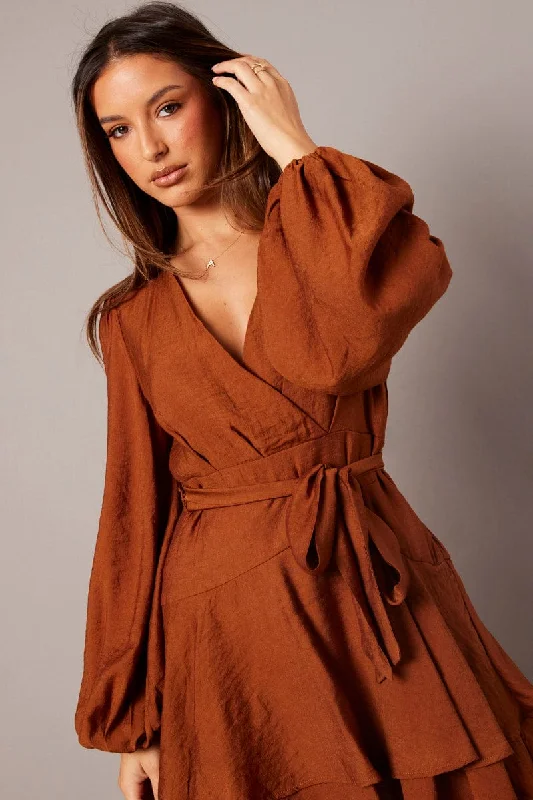 Brown Wrap Dress Mocha Satin Balloon Sleeve Dress