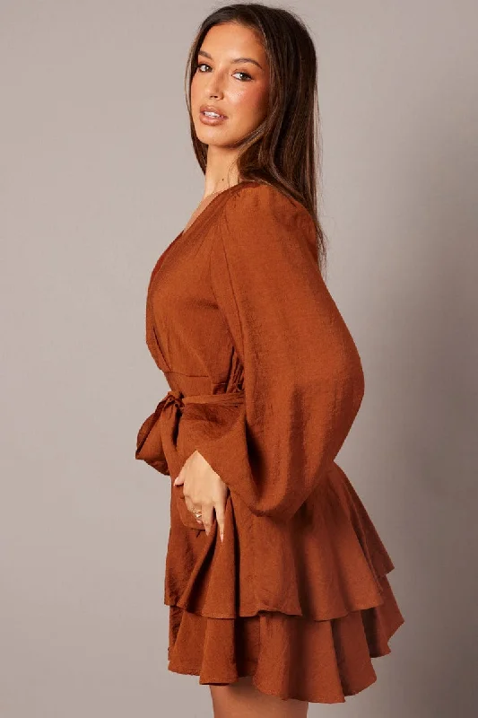 Brown Wrap Dress Mocha Satin Balloon Sleeve Dress