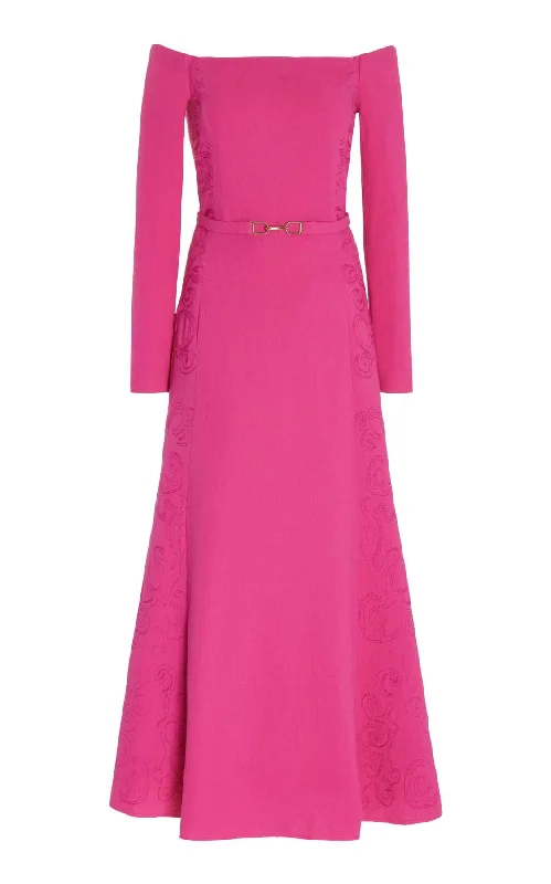 Carole Embroidered Dress in Fuchia Virgin Wool Crepe