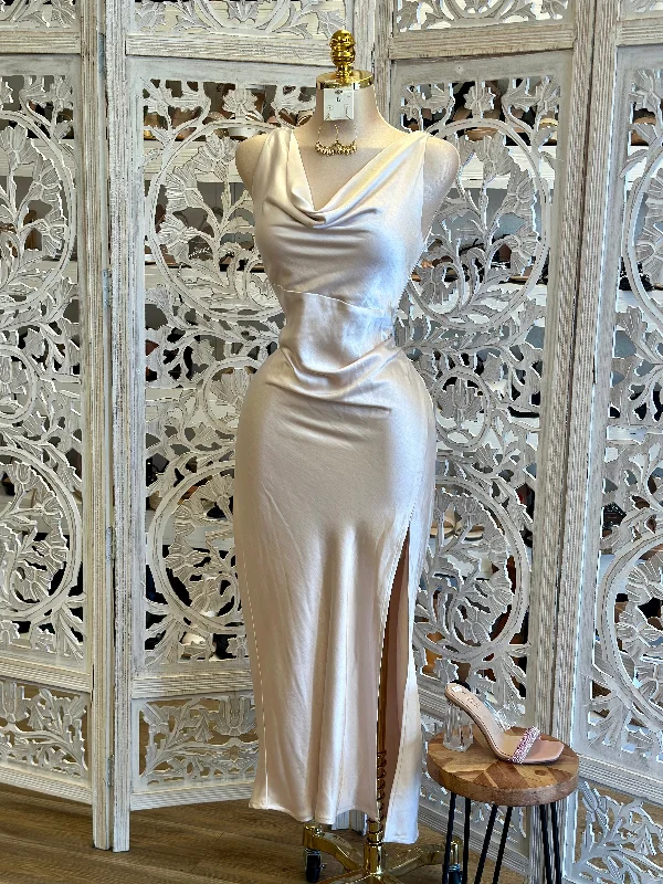 Champagne Cowl Neck Midi Dress-Not Stretchy, No Estira