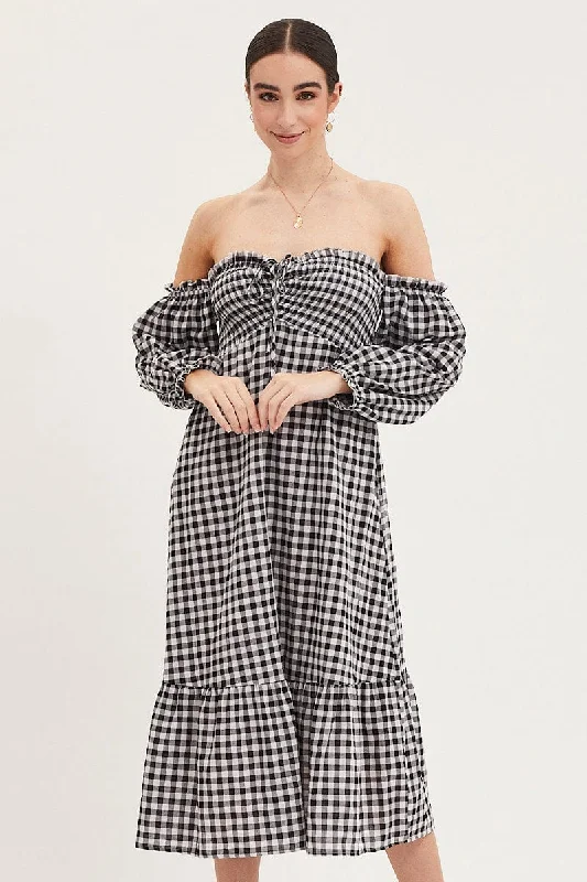 Check Dress Off Shoulder Maxi