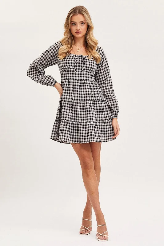 Check Fit And Flare Dress Long Sleeve Square Neck