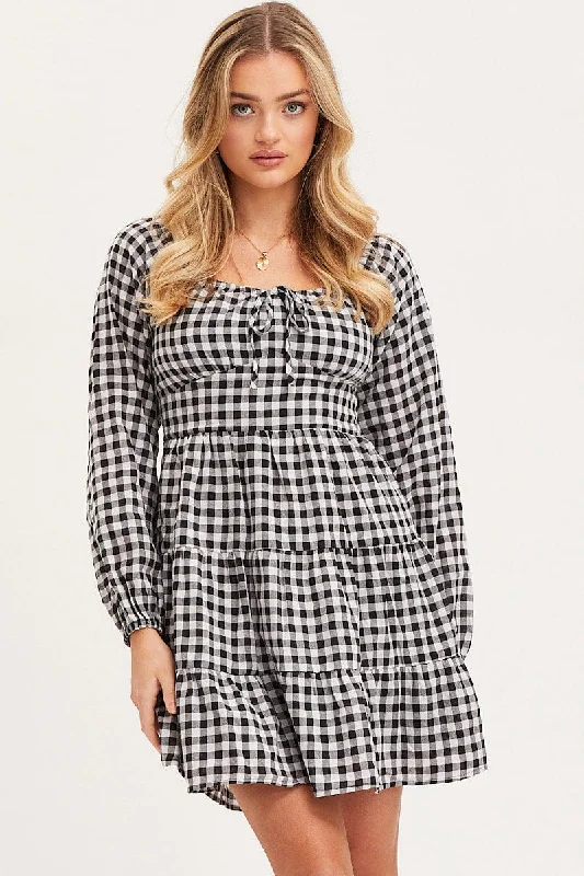 Check Fit And Flare Dress Long Sleeve Square Neck