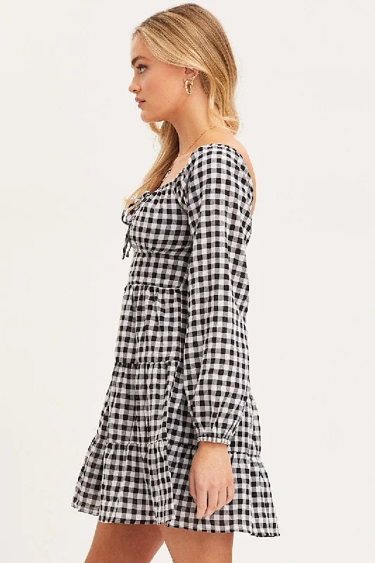 Check Fit And Flare Dress Long Sleeve Square Neck