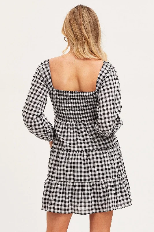 Check Fit And Flare Dress Long Sleeve Square Neck