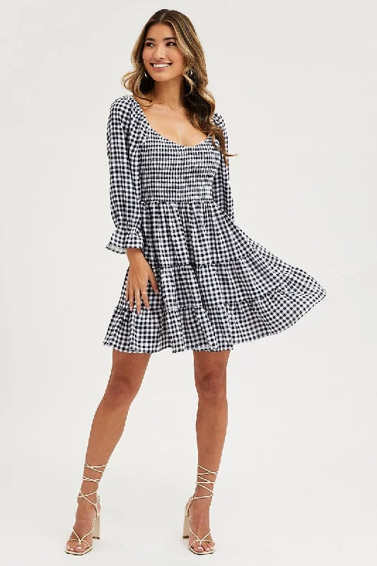 Check Fit And Flare Dress Long Sleeve Sweetheart Neck