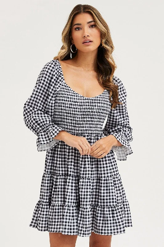 Check Fit And Flare Dress Long Sleeve Sweetheart Neck