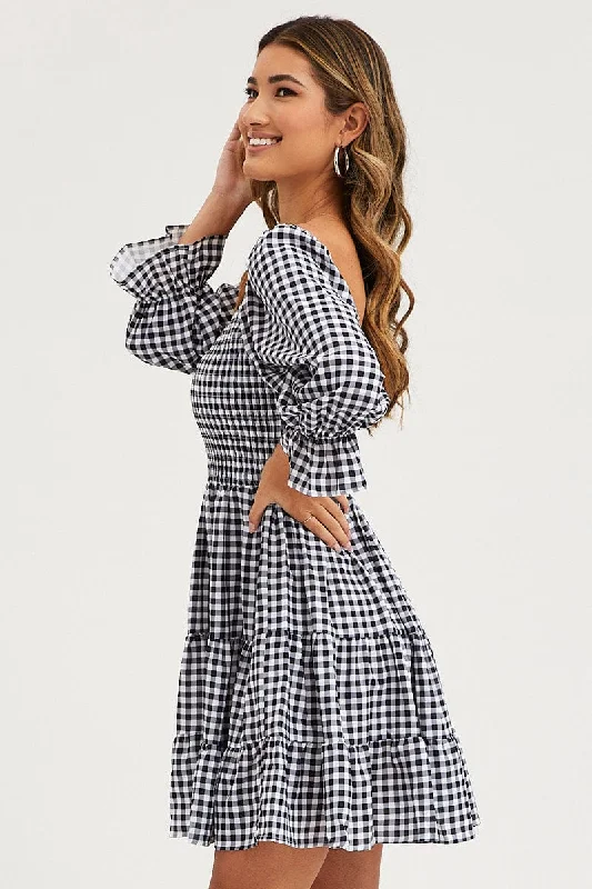 Check Fit And Flare Dress Long Sleeve Sweetheart Neck