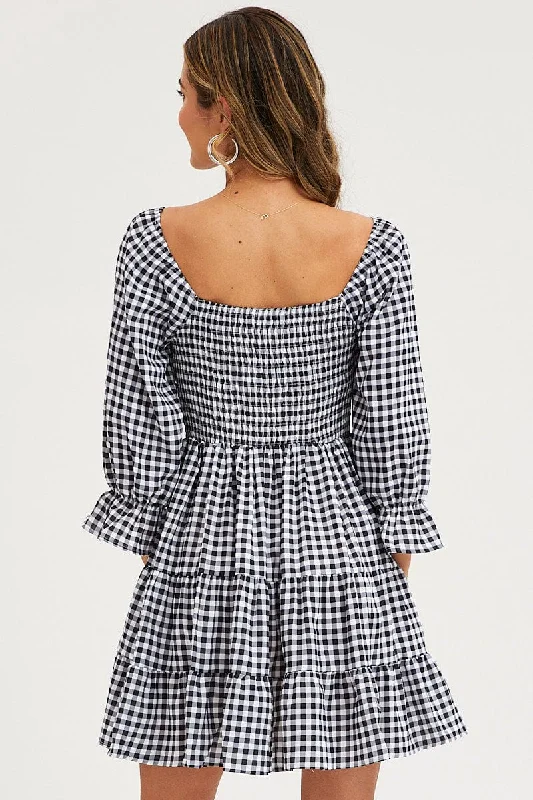 Check Fit And Flare Dress Long Sleeve Sweetheart Neck