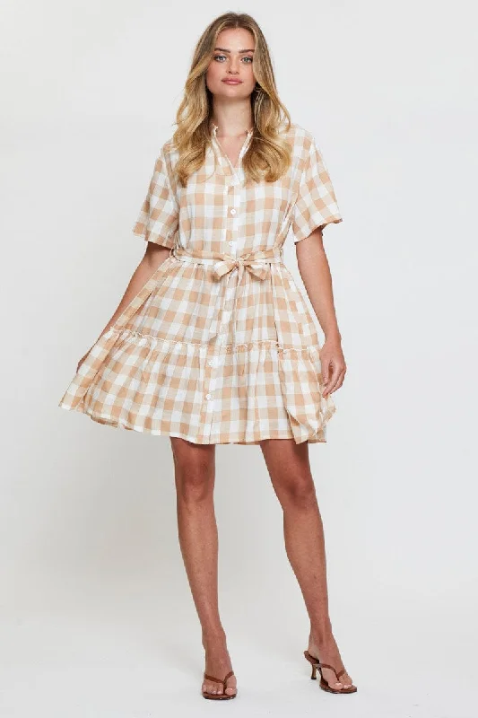 Check Fit And Flare Dress Short Sleeve Tie Waist