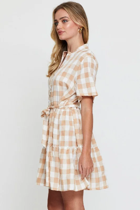 Check Fit And Flare Dress Short Sleeve Tie Waist