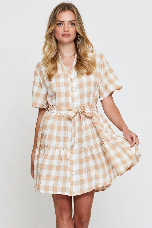 Check Fit And Flare Dress Short Sleeve Tie Waist