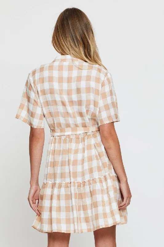 Check Fit And Flare Dress Short Sleeve Tie Waist