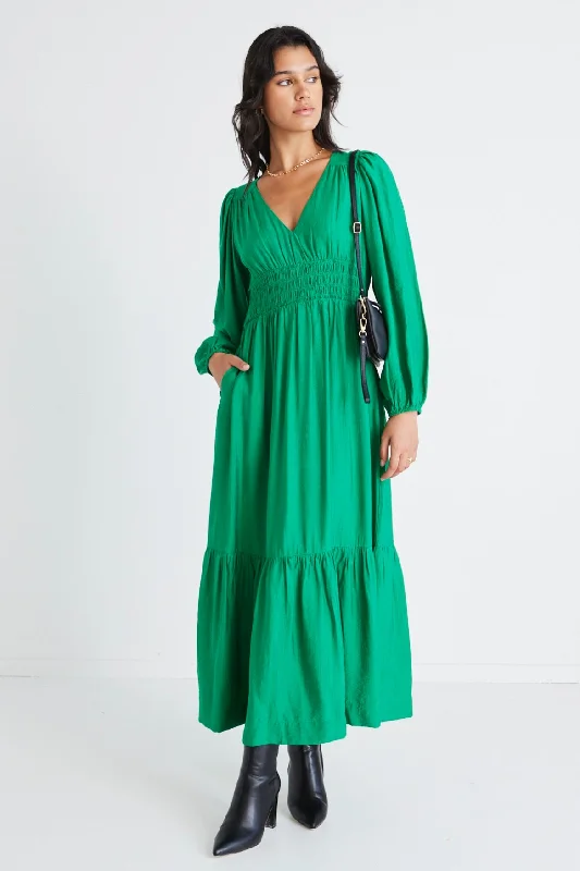 Spark Palm Green Textured LS Deep V Midi Dress