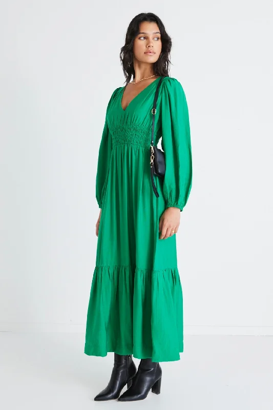 Spark Palm Green Textured LS Deep V Midi Dress