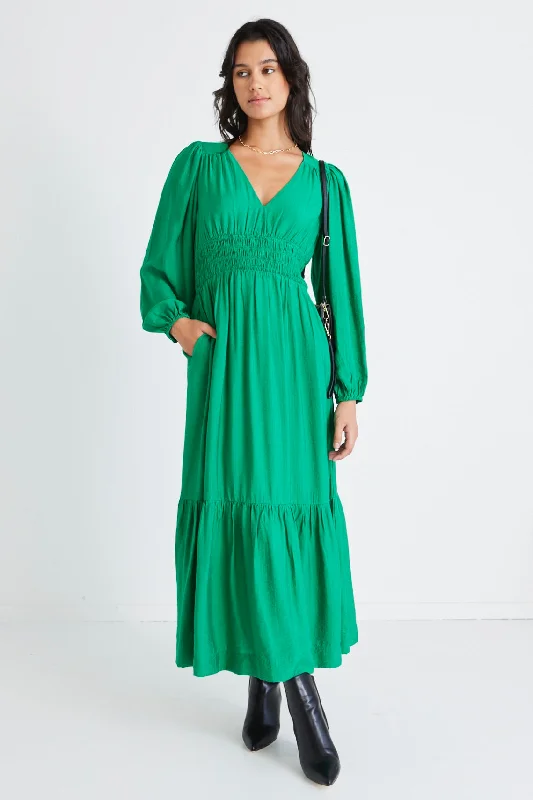 Spark Palm Green Textured LS Deep V Midi Dress