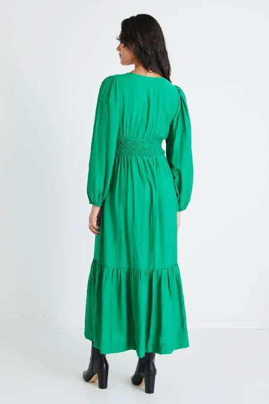 Spark Palm Green Textured LS Deep V Midi Dress