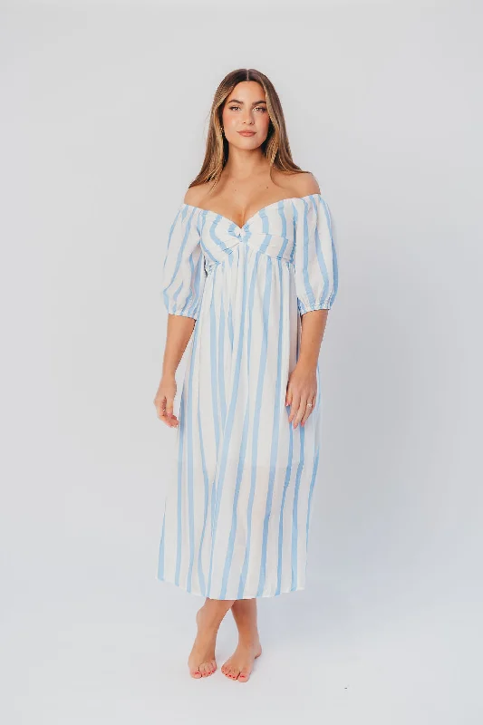 Clara Puffed Sleeve Midi Dress with Twisted Bodice in Cloud