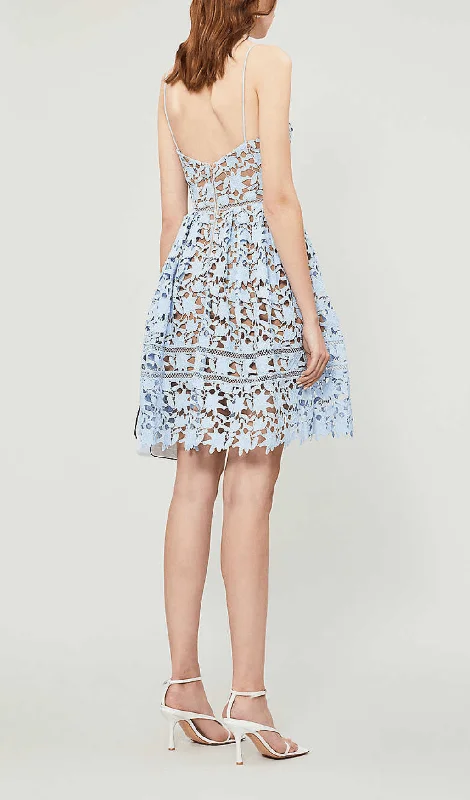 FLORAL SPAGHETTI STRAP GUIPURE LACE MINI DRESS IN BLUE