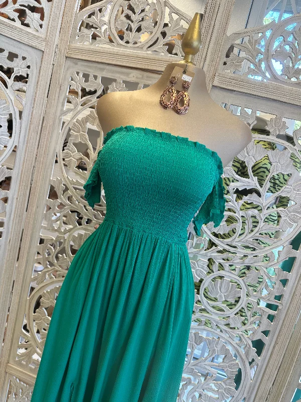 Green Smocked Midi Dress