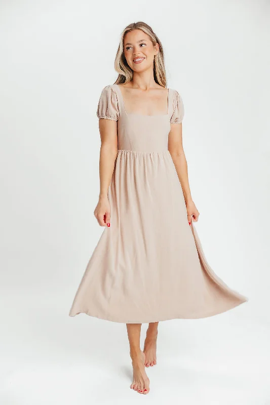 August Open Back Midi Dress in Taupe - Bump Friendly