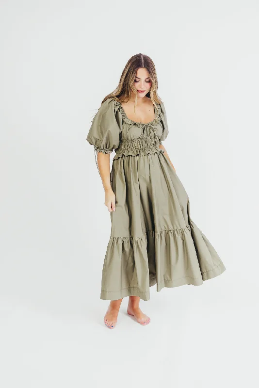 Crissy Cotton Poplin Ruched Midi Dress in Dusty Olive