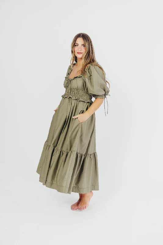 Crissy Cotton Poplin Ruched Midi Dress in Dusty Olive