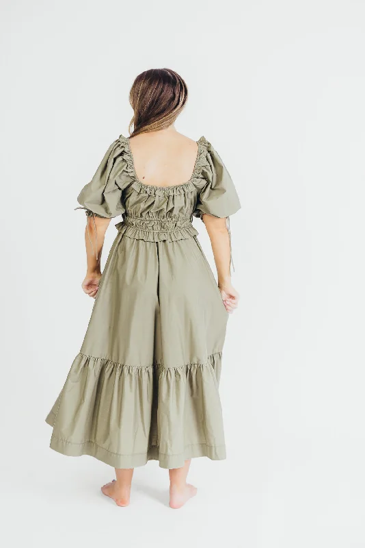 Crissy Cotton Poplin Ruched Midi Dress in Dusty Olive