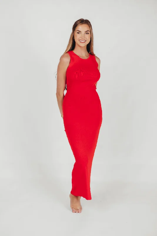 Giselle Sweater Knit Midi Dress with Cut-Out Back in Tomato Red