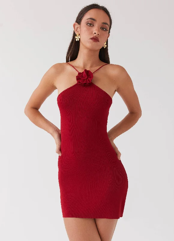 Delphi Rose Knit Mini Dress - Rouge Red