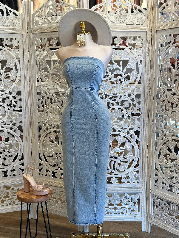 Denim Midi Strapless Folded Dress -No estira