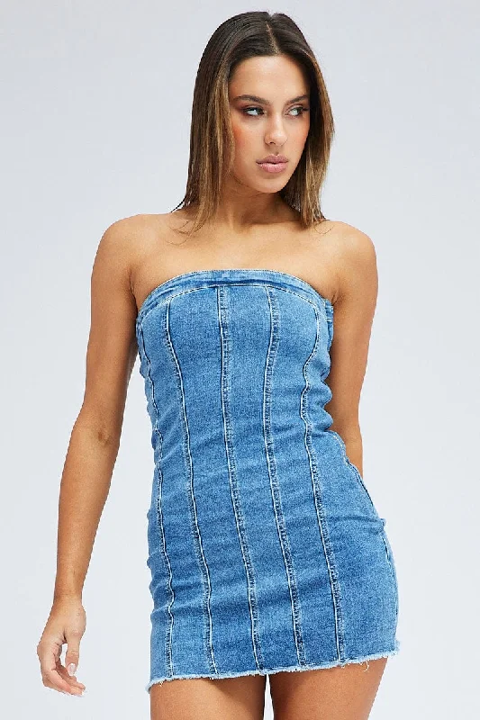 Denim Mini Dress Sleeveless Strapless Bodycon Denim